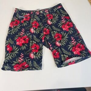 Hudson & Barrow Tropical Chino Shorts Mens 30 Navy Blue Red Flat Front Pockets